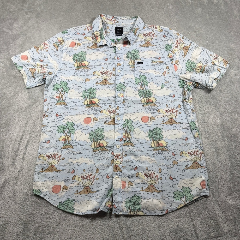 RVCA Button Up Shirt Mens‎ XL Blue Island Volcano Tropical Print Short Sleeve